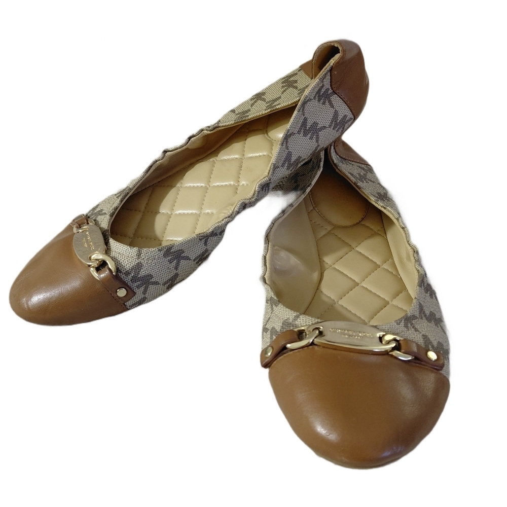 Michael Kors Joyce Ballet Flats Tan And Brown Canvas & Leather Logo Flats 7 M